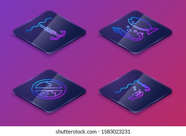 Set Isometric line Fishing hook under water, No fishing, Fishing and Fishing hook under water with fish. Blue square button. Vector