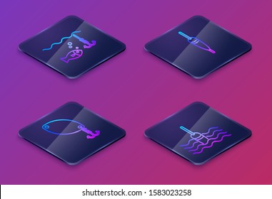 Set Isometric line Fishing hook under water with fish, Fishing spoon, Fishing float and Fishing float in water. Blue square button. Vector