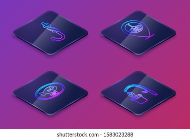 Set Isometric line Fishing hook, Fish trophy hanging on the board, Location fishing and Fishing rod and fish. Blue square button. Vector