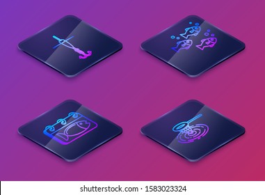 Set Isometric line Fishing hook and float, Calendar with a fish, Fish and Fishing net in water. Blue square button. Vector