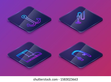 Set Isometric line Fishing hook, Fishing boots, Fishing line with hook and float and Fishing rod and fish. Blue square button. Vector