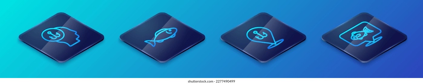 Set Isometric line Fishing hook, Fisherman, Location fishing and  icon. Vector