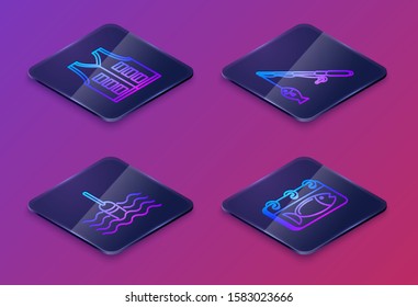 Set Isometric line Fishing jacket, Fishing float in water, Fishing rod and fish and Calendar with a fish. Blue square button. Vector