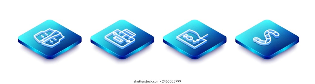 Set Isometric line Fishing jacket, Case container for wobbler, hook with fish and Worm icon. Vector