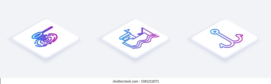 Set Isometric line Fishing net in water, Fishing boat with fishing rod on water and Fishing hook. White square button. Vector