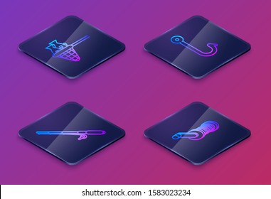 Set Isometric line Fishing net with fish, Fishing rod, Fishing hook and Spinning reel for fishing. Blue square button. Vector