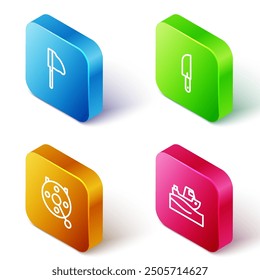 Set Isometric line Fishing net with fish, Knife, Spinning reel for fishing and boat on water icon. Vector