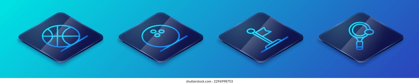 Set Isometric line Flag, Basketball ball, Tennis racket with and Bowling icon. Vector