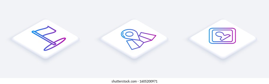 Set Isometric line Flag, Folded map with location marker and Road traffic sign. White square button. Vector