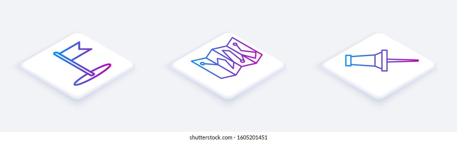 Set Isometric line Flag, Folded map with location marker and Push pin. White square button. Vector