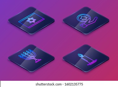 Set Isometric line Flag of Israel, Hanukkah menorah, Jewish coin on hand and Burning candle in candlestick. Blue square button. Vector