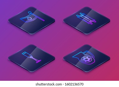 Set Isometric line Flag of Israel, Jewish goblet, Torah scroll and Decanter with star of david. Blue square button. Vector