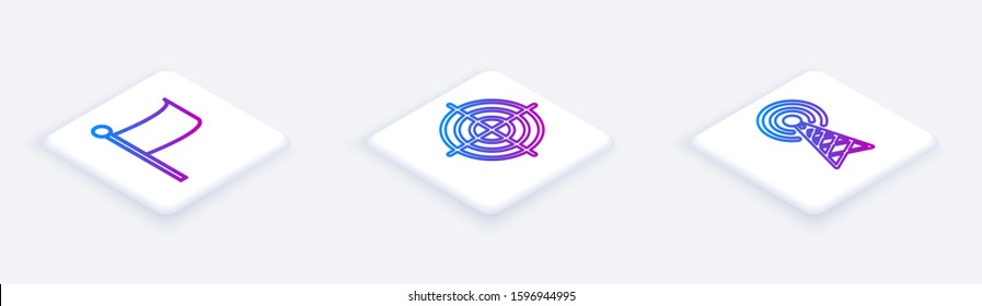 Set Isometric line Flag , Target sport for shooting competition and Radar . White square button. Vector