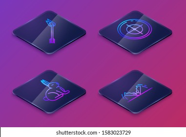 Set Isometric line Flame arrow, Rabbit, Target sport for shooting competition and Trap hunting. Blue square button. Vector