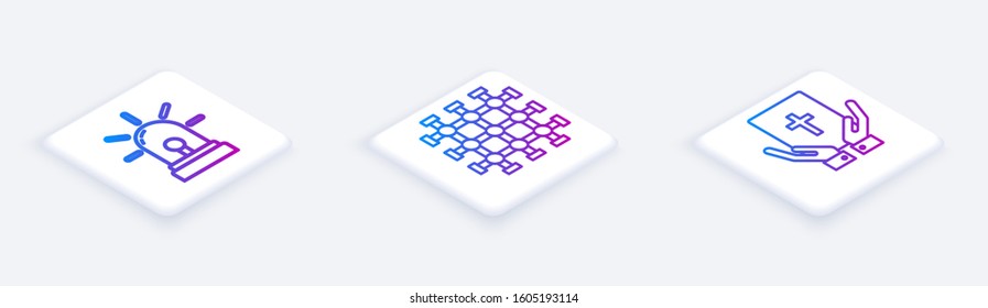 Set Isometric line Flasher siren, Prison window and Oath on the Holy Bible. White square button. Vector