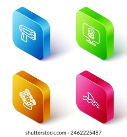 Set Isometric line Flashlight for diver, Scallop sea shell, Aqualung and Shark icon. Vector