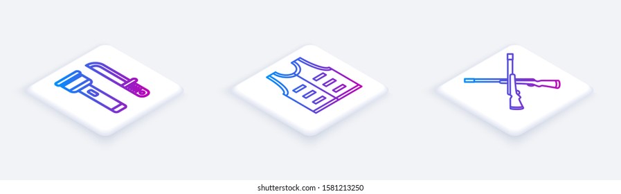 Set Isometric line Flashlight and knife, Hunting jacket and Two crossed shotguns. White square button. Vector