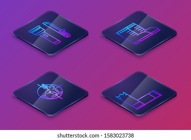 Set Isometric line Flashlight and knife, Hunt on rabbit with crosshairs, Hunter boots and Cartridges. Blue square button. Vector