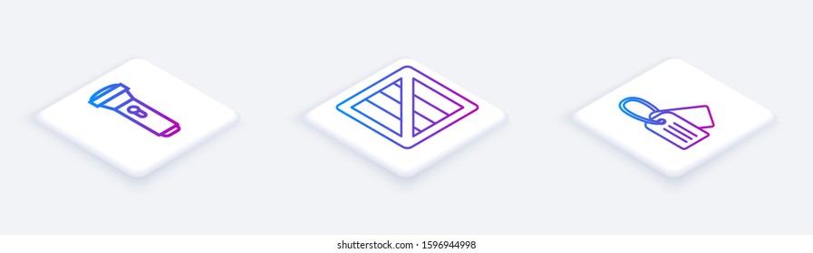 Set Isometric line Flashlight , Military ammunition box and Military dog tag . White square button. Vector