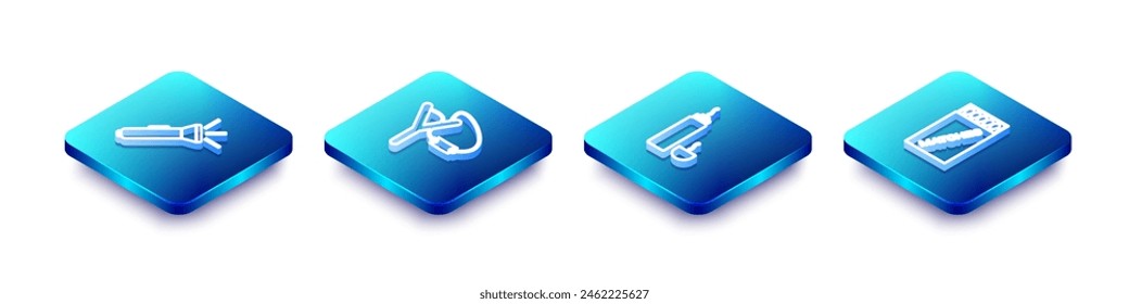 Set Isometric line Flashlight, Slingshot, Thermos container and Open matchbox and matches icon. Vector