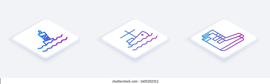 Set Isometric line Floating buoy on the sea, Fishing boat on water and Boots. White square button. Vector