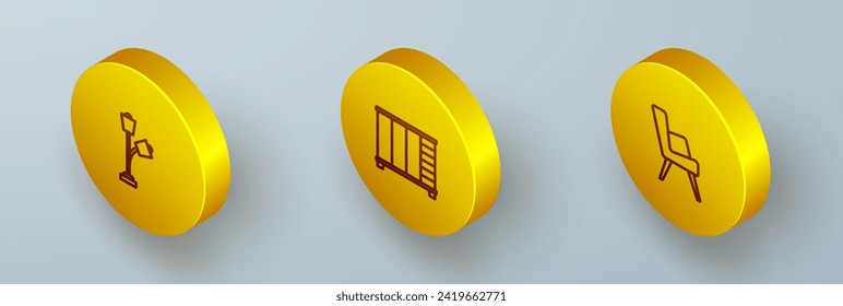 Set Isometrische Linie Bodenlampe, Wardrobe und Sessel Symbol. Vektorgrafik
