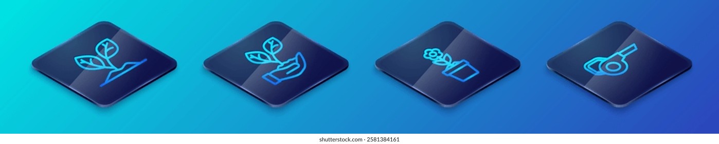 Set Isometric line Flower in pot, Sprout, Leaf garden blower and hand icon. Vector