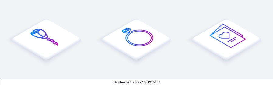 Set Isometric line Flower rose, Diamond engagement ring and Valentines day party flyer with heart. White square button. Vector