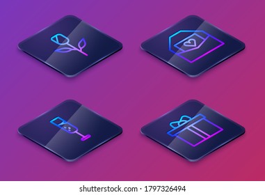 Set Isometric line Flower rose, Glass of champagne, Envelope with Valentine heart and Gift box. Blue square button. Vector