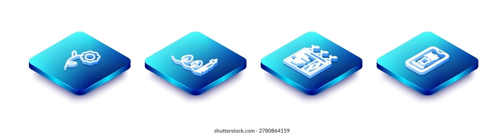 Set Isometric line Flower, Standalone sensor and plant, Smart farming technology and control system icon. Vector