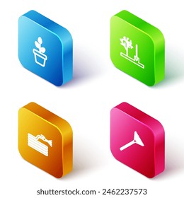 Set Isometric line Flowers in pot, Planting tree the ground, Garden hose or fire hose and rake for leaves icon. Vector