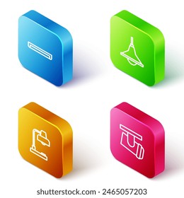 Set Isometric line Fluorescent lamp, Chandelier, Table and Led track lights lamps icon. Vector