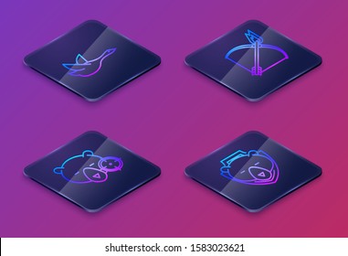 Set Isometric line Flying duck, Hunt on bear with crosshairs, Bow and fire arrow and Bear head on shield. Blue square button. Vector