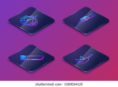 Set Isometric line Flying duck on shield, Quiver with arrows, Sniper optical sight and Flying duck. Blue square button. Vector