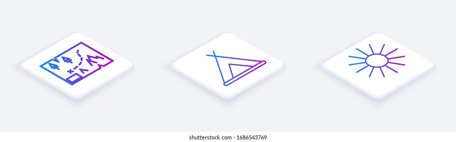 Set Isometric line Folded map with location, Tourist tent and Sun. White square button. Vector