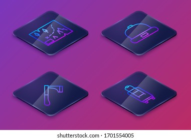 Set Isometric line Folded map with location, Wooden axe, Beanie hat and Suitcase. Blue square button. Vector