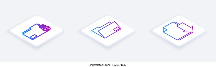 Set Isometric line Folder and lock, Document folder and Document with download. White square button. Vector
