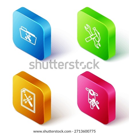 Set Isometric line Folder service, Crossed hammer and wrench, File document and Scooter icon. Vector