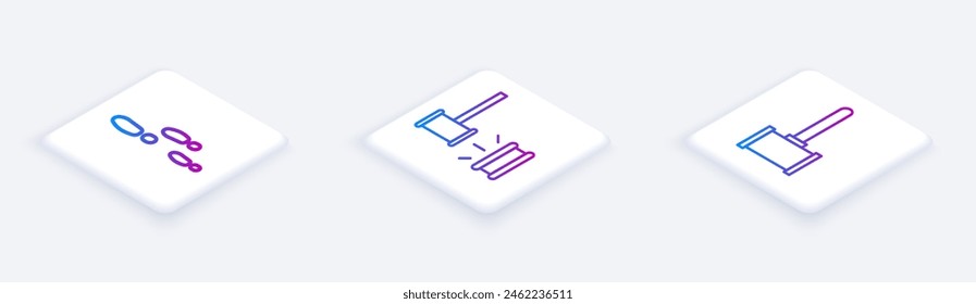 Set Isometric line Footsteps, Judge gavel and Judge gavel. White square button. Vector