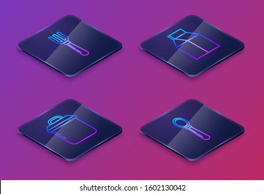 Set Isometric line Fork , Cooking pot , Paper package for milk  and Spoon . Blue square button. Vector