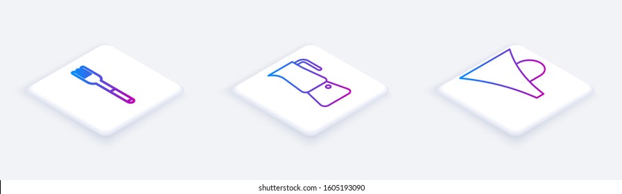 Set Isometric line Fork, Moka pot and Funnel or filter. White square button. Vector