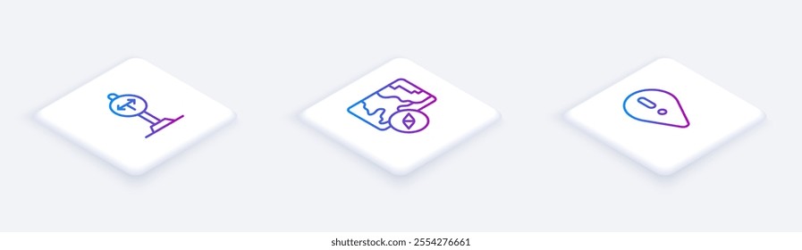 Set Isometric line Fork in the road, City map navigation and Location with exclamation mark. White square button. Vector