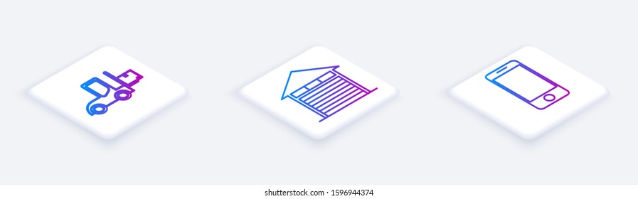 Set Isometric line Forklift truck , Closed warehouse  and Mobile phone with app delivery tracking. White square button. Vector