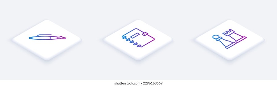 Set Isometric line Fountain pen nib, Spiral notebook and Chess. White square button. Vector