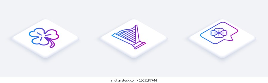 Set Isometric line Four leaf clover, Harp and Four leaf clover in speech bubble. White square button. Vector