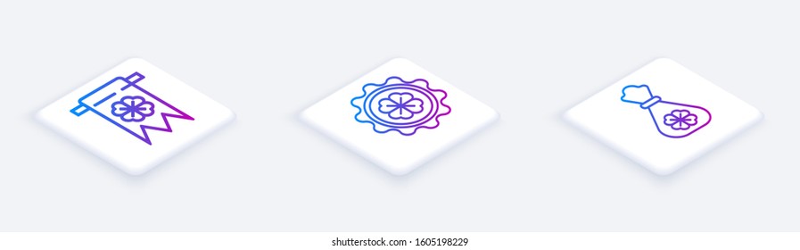 Set Isometric line Four leaf clover and party pennant, Bottle cap with four leaf clover and Money bag with four leaf clover. White square button. Vector