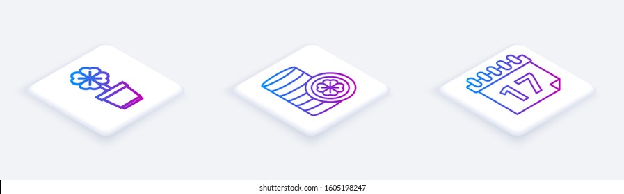 Set Isometric line Four leaf clover in pot, Gold coin with four leaf clover and Saint Patrick's day with calendar. White square button. Vector