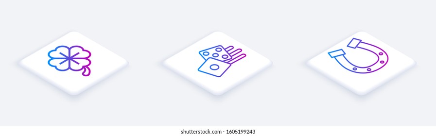 Set Isometric line Four leaf clover, Game dice and Horseshoe. White square button. Vector