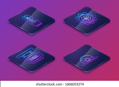 Set Isometric line Four leaf clover in pot, Street signboard with inscription Bar, Bottle cap with four leaf clover and Leprechaun hat. Blue square button. Vector