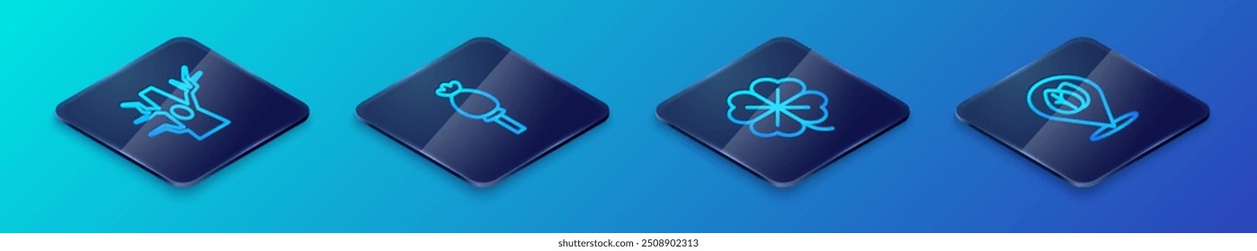 Set Isometric line Four leaf clover, Bare tree, Location with and Opium poppy icon. Vector